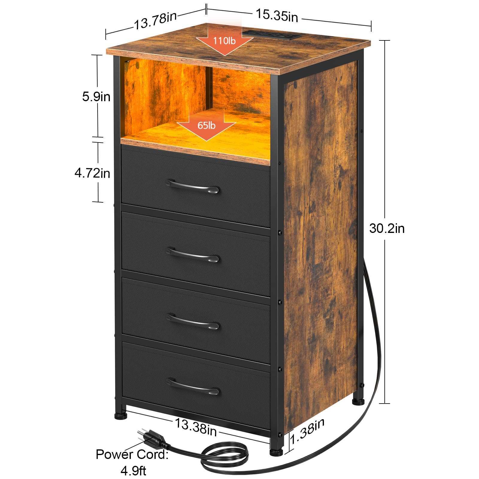 LOAKEKEL Night Stand Set 2, Tall Nightstand with Charging Station, Dresser for Bedroom with 4 Drawers, LED End Tables with USB Ports and Outlets, Bedside Table with Storage Bins, Brown, HNS034BR