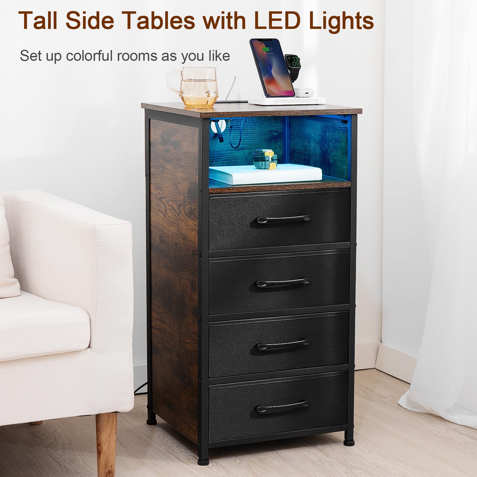 LOAKEKEL Night Stand Set 2, Tall Nightstand with Charging Station, Dresser for Bedroom with 4 Drawers, LED End Tables with USB Ports and Outlets, Bedside Table with Storage Bins, Brown, HNS034BR