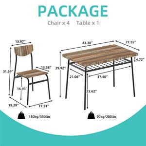 STHOUYN 43" Dinning Table Sets for 4, Industrial Rectangular Kitchen Table and Chairs Set, Metal Frame & Storage Rack, Kitchen, Dining Room, Dinette, Breakfast Small Space (Brown (5 Piece))