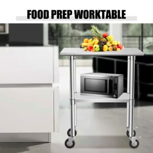 KODOM Food Prep Stainless Steel Table 30" x 18", Heavy Duty Workbench with Adjustable Under Shelf, Commercial Worktable with 4 Casters for Commerical Kitchen, Restaurant, Home and Hotel