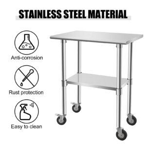 KODOM Food Prep Stainless Steel Table 30" x 18", Heavy Duty Workbench with Adjustable Under Shelf, Commercial Worktable with 4 Casters for Commerical Kitchen, Restaurant, Home and Hotel