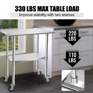 KODOM Food Prep Stainless Steel Table 30" x 18", Heavy Duty Workbench with Adjustable Under Shelf, Commercial Worktable with 4 Casters for Commerical Kitchen, Restaurant, Home and Hotel