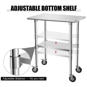 KODOM Food Prep Stainless Steel Table 30" x 18", Heavy Duty Workbench with Adjustable Under Shelf, Commercial Worktable with 4 Casters for Commerical Kitchen, Restaurant, Home and Hotel