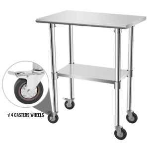 KODOM Food Prep Stainless Steel Table 30" x 18", Heavy Duty Workbench with Adjustable Under Shelf, Commercial Worktable with 4 Casters for Commerical Kitchen, Restaurant, Home and Hotel