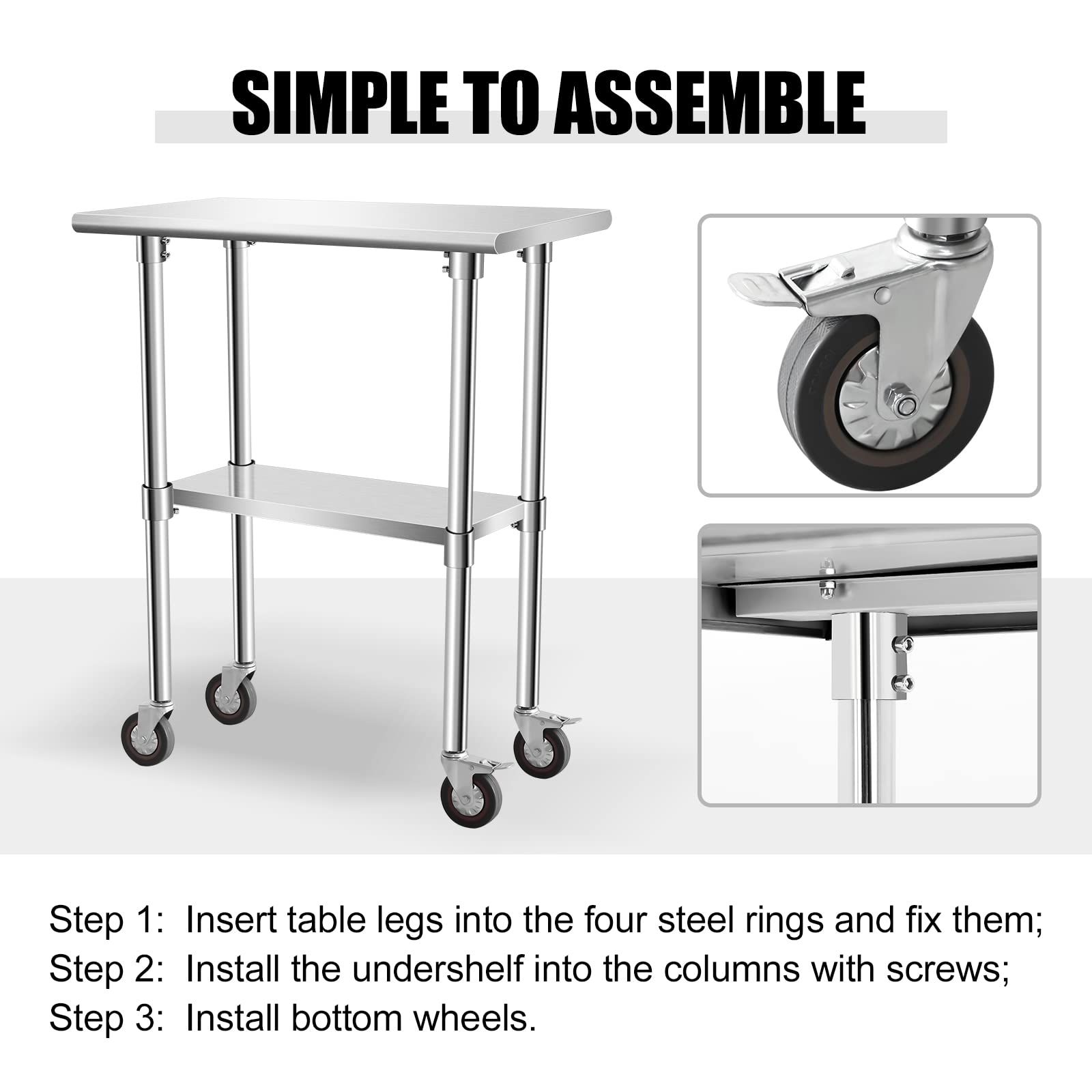 KODOM Food Prep Stainless Steel Table 30" x 18", Heavy Duty Workbench with Adjustable Under Shelf, Commercial Worktable with 4 Casters for Commerical Kitchen, Restaurant, Home and Hotel