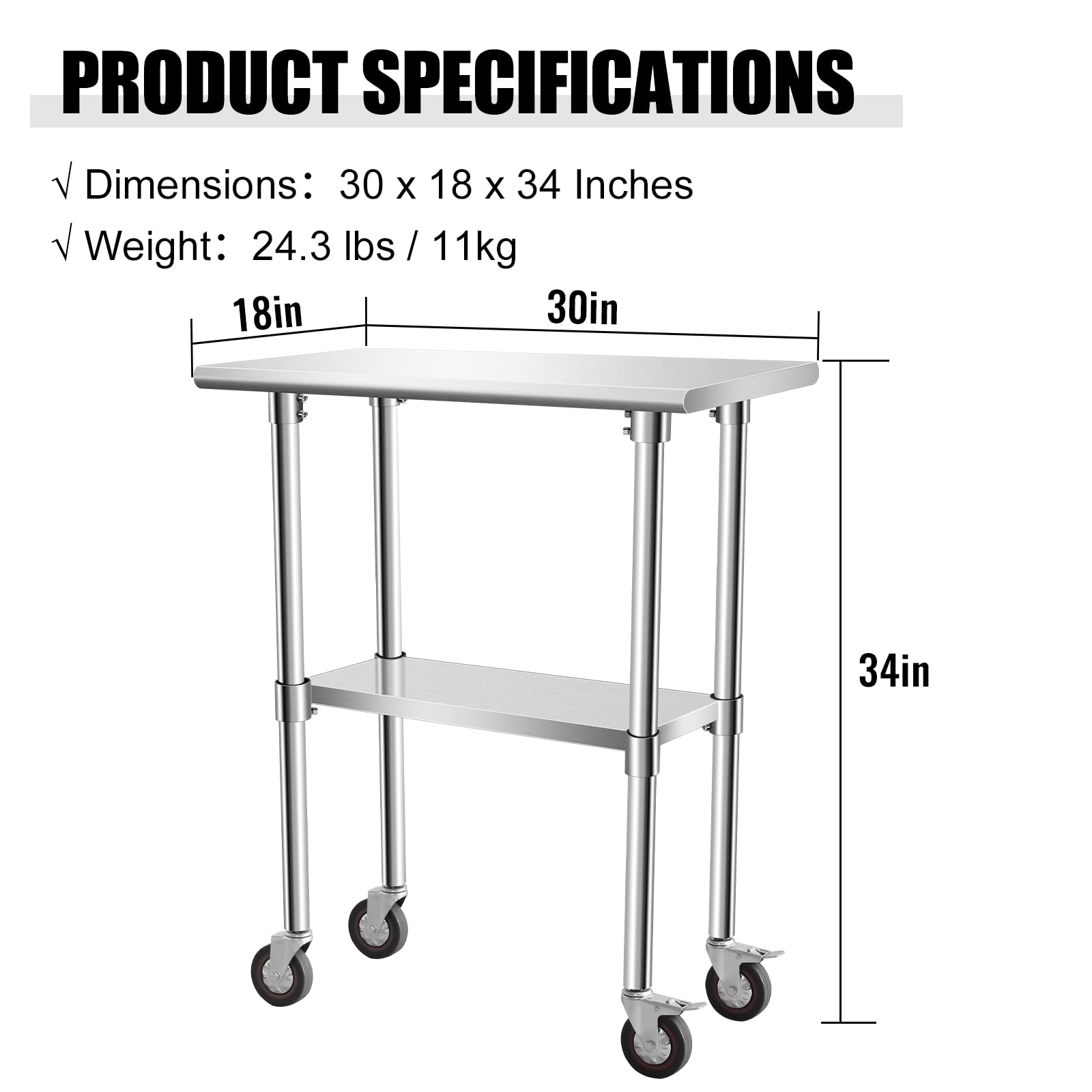 KODOM Food Prep Stainless Steel Table 30" x 18", Heavy Duty Workbench with Adjustable Under Shelf, Commercial Worktable with 4 Casters for Commerical Kitchen, Restaurant, Home and Hotel