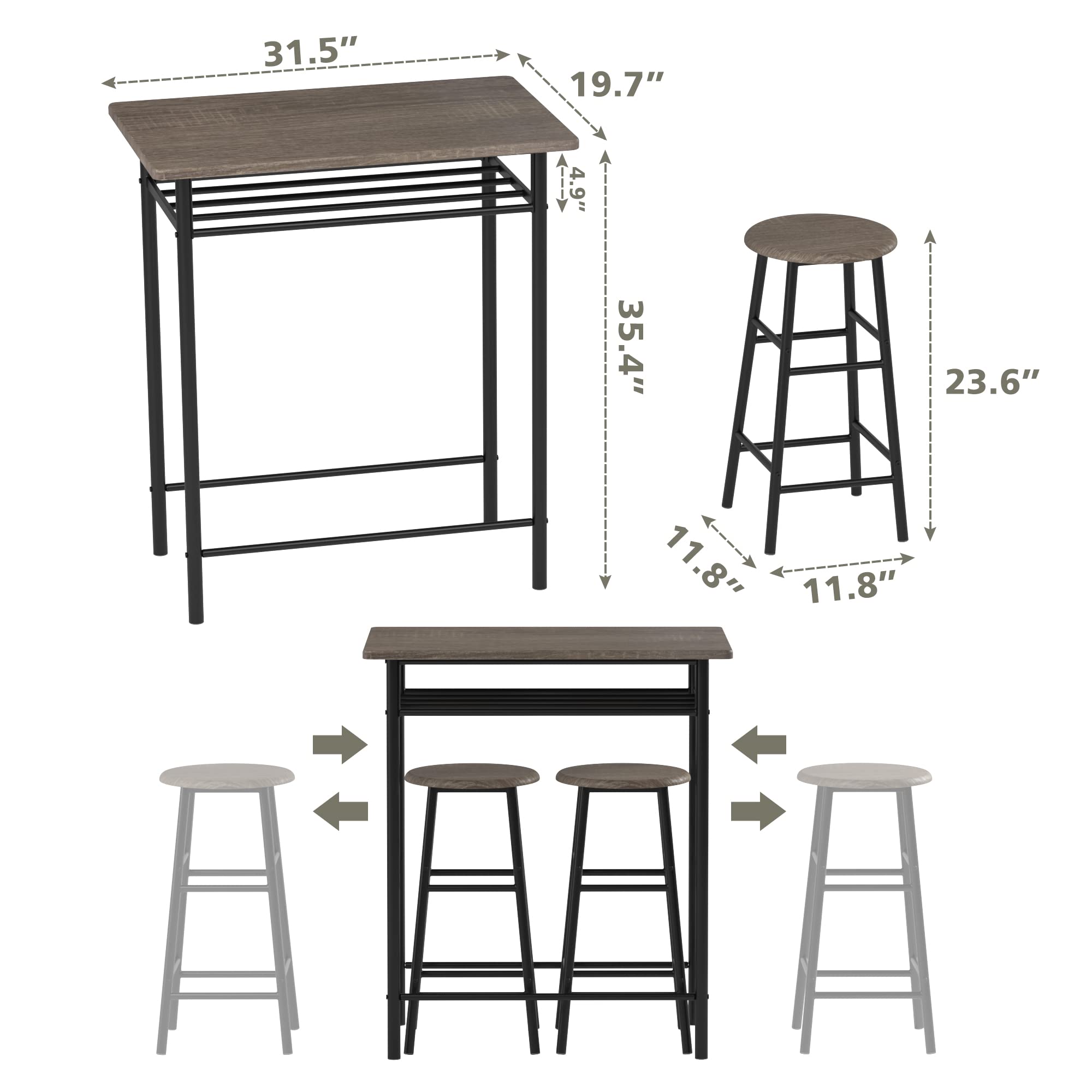 Weehom Bar Table with 2 Bar Stools, Pub Dining Table Set, Kitchen Counter Height Table with Bar Chairs, Bistro Table Sets for Kitchen Living Room, Built in Storage Layer