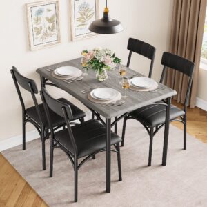 IDEALHOUSE Kitchen Table Set with Chairs, Dining Table Set for 4, Metal and Wood Rectangular Dining Room Table Set with 4 Upholstered Chairs, 5 Piece Dining Set for Small Space, Apartment, Rustic Grey