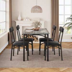 IDEALHOUSE Kitchen Table Set with Chairs, Dining Table Set for 4, Metal and Wood Rectangular Dining Room Table Set with 4 Upholstered Chairs, 5 Piece Dining Set for Small Space, Apartment, Rustic Grey