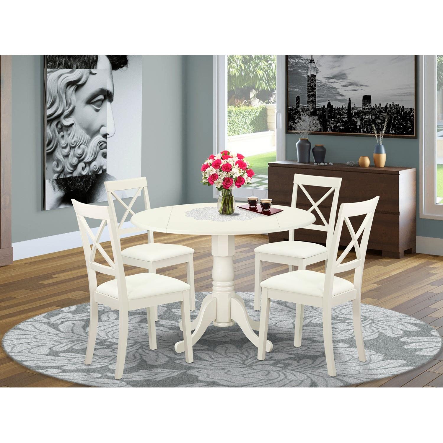 East West Furniture DLBO5-LWH-LC 5 Piece Dining Room Furniture Set Includes a Round Kitchen Table with Dropleaf and 4 Faux Leather Upholstered Dining Chairs, 42x42 Inch, Linen White