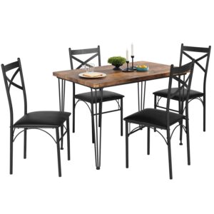 VECELO 5-Piece Set for Home Kitchen Small Space Breakfast Nook, 4 Faux Leather Metal Frame Chairs, Dining Table for 4, Retro Brown