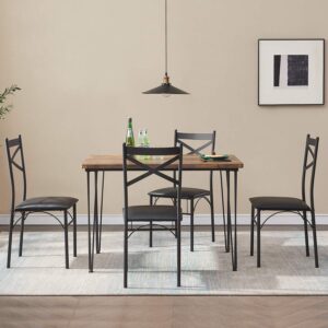 VECELO 5-Piece Set for Home Kitchen Small Space Breakfast Nook, 4 Faux Leather Metal Frame Chairs, Dining Table for 4, Retro Brown