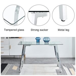 Glass Dining Table Set for 4,Rectangle Dinner Table with 4 White Leather Kitchen Chairs,51 in Kitchen Room Dining Set,0.31” Tempered Glass Table Top with Silver Metal Legs,4 Dining Chairs