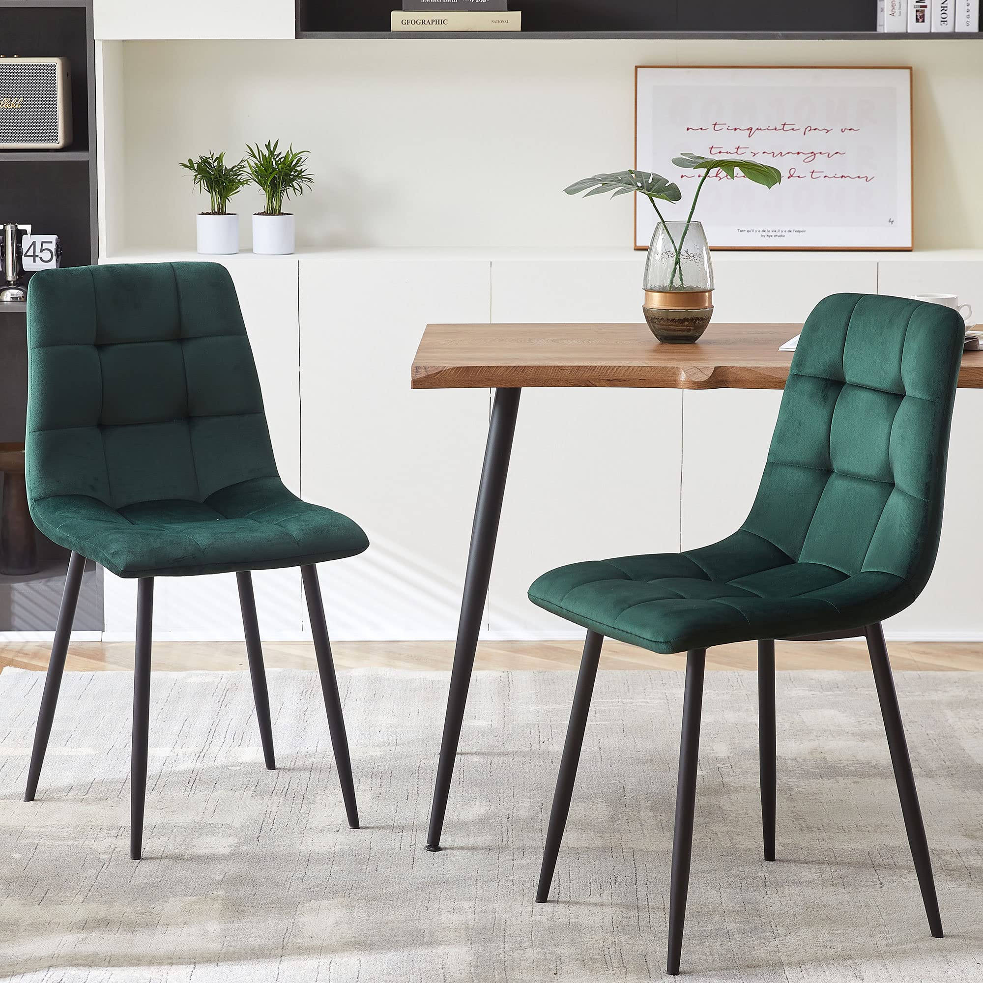 NORDICANA 5-Piece Dining Table Set, 47 in Modern Irregular Rectangle Kitchen Table & 4 Forest Green Velvet Upholstery Side Chairs, Metal Legs, Dining Room Set for 4