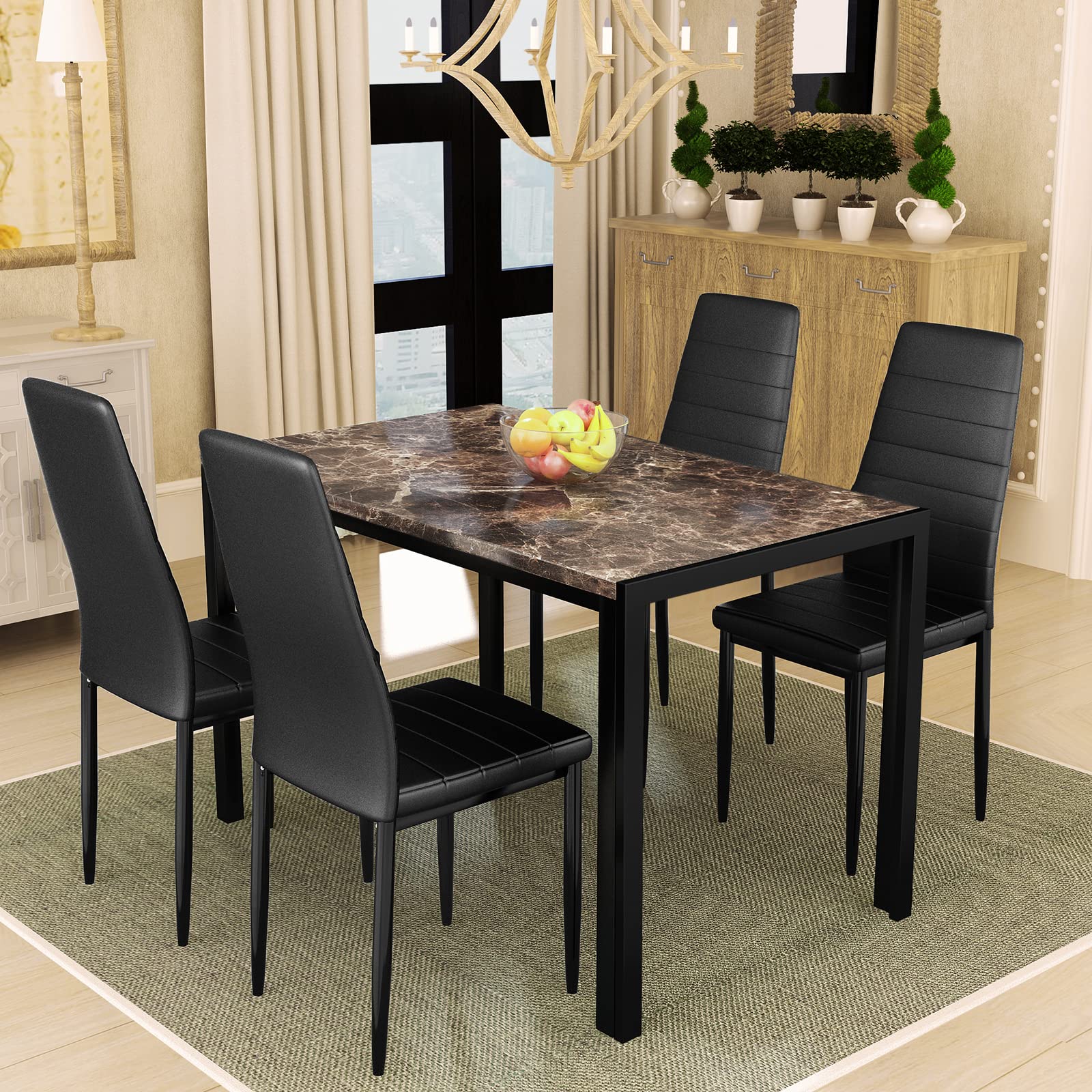 Recaceik Dining Table Set for 4, Kitchen Table and Chairs for 4, Faux Marble Kitchen Table Set with 4 Upholstered PU Leather Chairs, Dining Room Table Set for Kitchen Dining Room