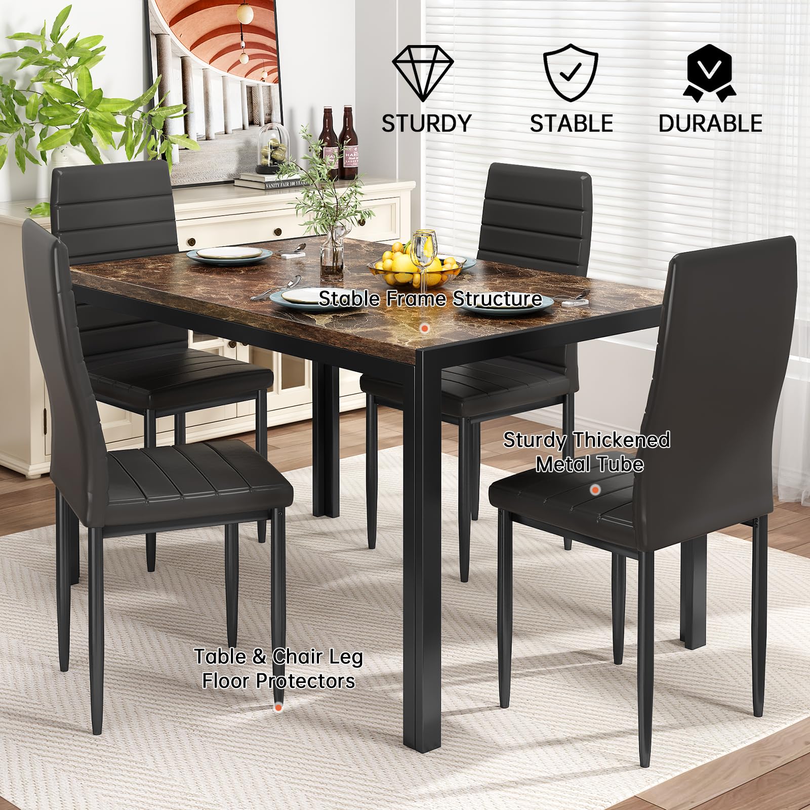 Recaceik Dining Table Set for 4, Kitchen Table and Chairs for 4, Faux Marble Kitchen Table Set with 4 Upholstered PU Leather Chairs, Dining Room Table Set for Kitchen Dining Room