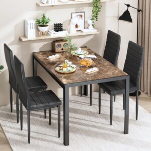 Recaceik Dining Table Set for 4, Kitchen Table and Chairs for 4, Faux Marble Kitchen Table Set with 4 Upholstered PU Leather Chairs, Dining Room Table Set for Kitchen Dining Room