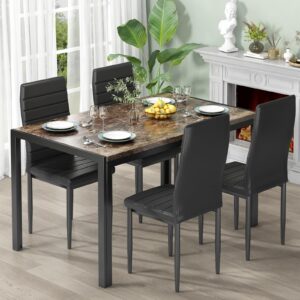 Recaceik Dining Table Set for 4, Kitchen Table and Chairs for 4, Faux Marble Kitchen Table Set with 4 Upholstered PU Leather Chairs, Dining Room Table Set for Kitchen Dining Room