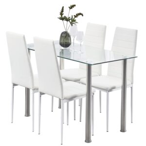 ROZHOME Dining Table Set for 4, 5 Piece Kitchen Table and Chairs with Clear Tempered Glass Table Top and 4 Leather Metal Frame Chairs (Clear/Silver+White, Middle)