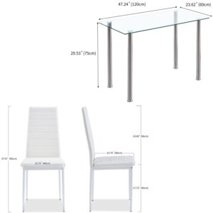 ROZHOME Dining Table Set for 4, 5 Piece Kitchen Table and Chairs with Clear Tempered Glass Table Top and 4 Leather Metal Frame Chairs (Clear/Silver+White, Middle)