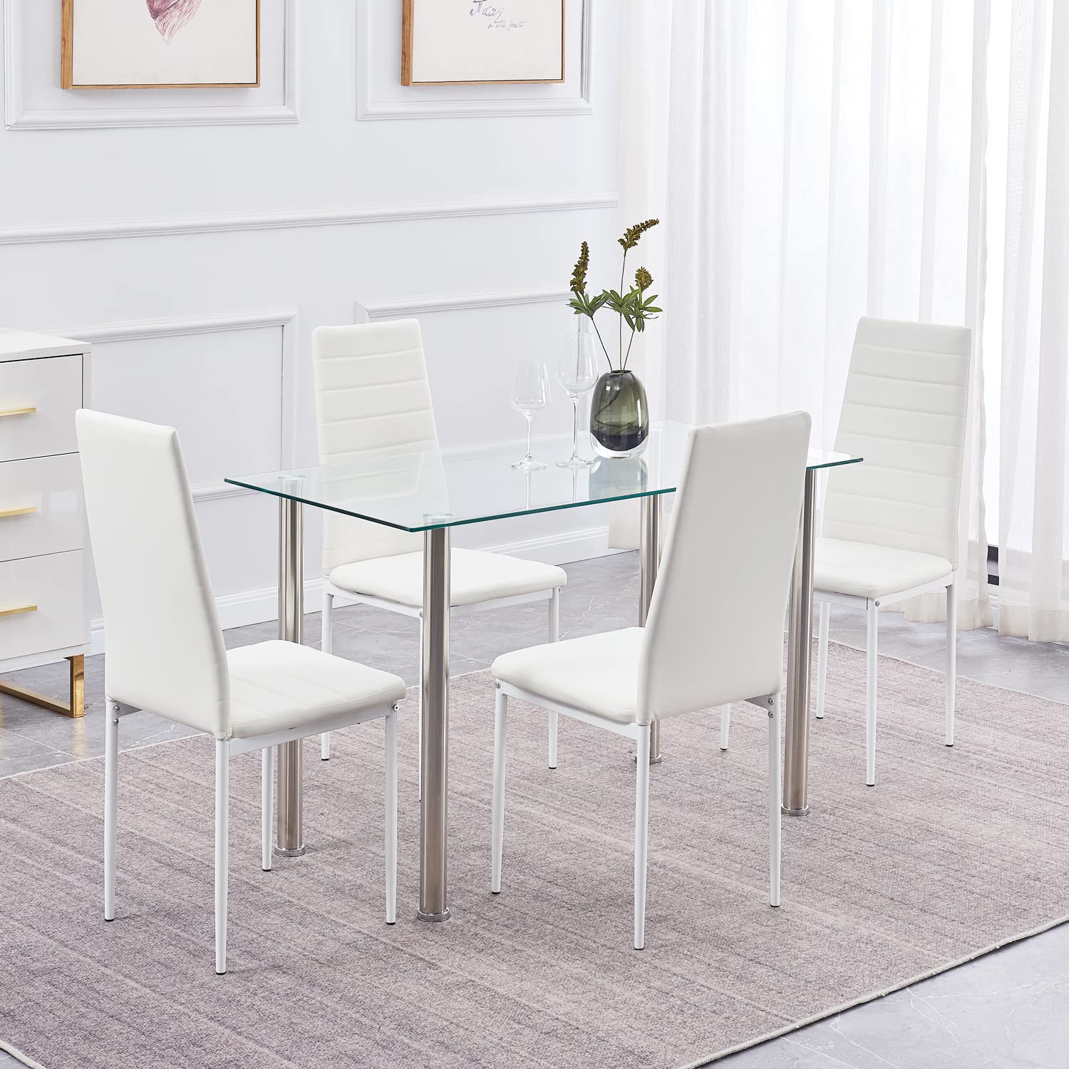 ROZHOME Dining Table Set for 4, 5 Piece Kitchen Table and Chairs with Clear Tempered Glass Table Top and 4 Leather Metal Frame Chairs (Clear/Silver+White, Middle)