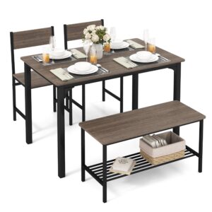 tangkula dining table set for 4, kitchen table and 2 chairs for 4 with bench, 4 piece dining table set for small space, apartment