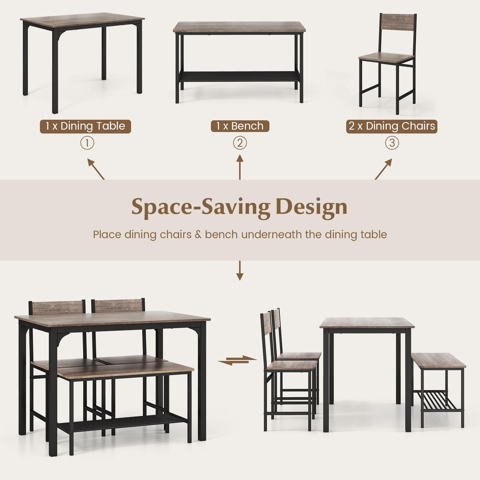 Tangkula Dining Table Set for 4, Kitchen Table and 2 Chairs for 4 with Bench, 4 Piece Dining Table Set for Small Space, Apartment