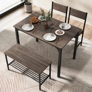 Tangkula Dining Table Set for 4, Kitchen Table and 2 Chairs for 4 with Bench, 4 Piece Dining Table Set for Small Space, Apartment