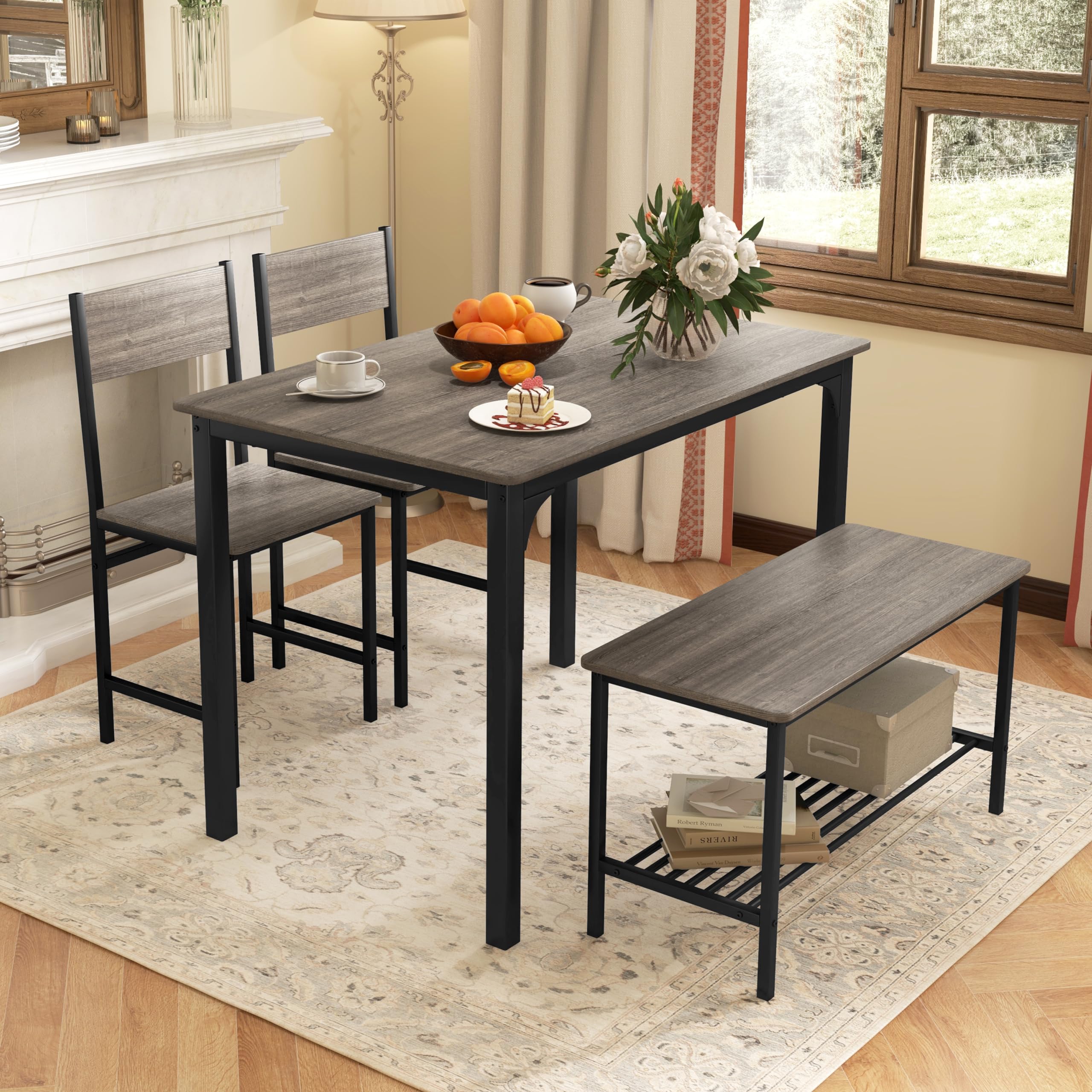 Tangkula Dining Table Set for 4, Kitchen Table and 2 Chairs for 4 with Bench, 4 Piece Dining Table Set for Small Space, Apartment