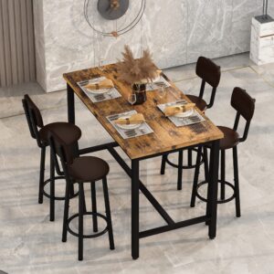 AWQM Faux Wooden Table with 4 PU Upholstered Chairs, Breakfast Table Bar Table and Backrest Chairs, 5-Piece Table Set for Small Spaces, Kitchen & Dining Room Set for 4 Space Saving Furniture (Brown)