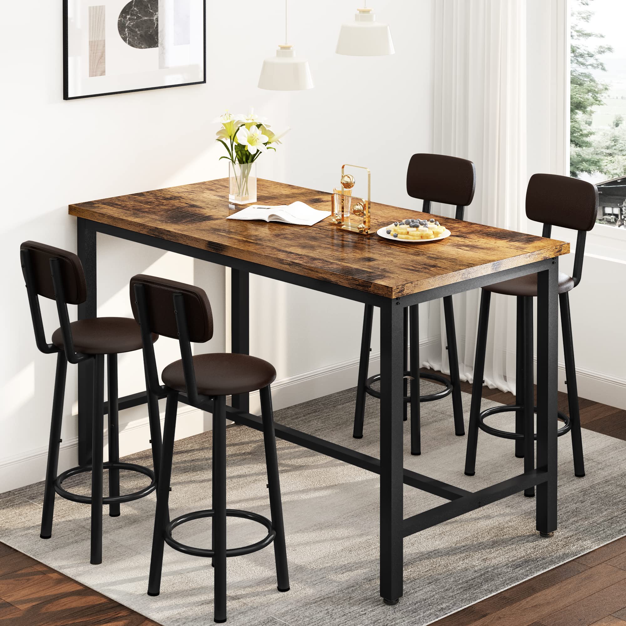 AWQM Faux Wooden Table with 4 PU Upholstered Chairs, Breakfast Table Bar Table and Backrest Chairs, 5-Piece Table Set for Small Spaces, Kitchen & Dining Room Set for 4 Space Saving Furniture (Brown)