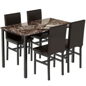 recaceik dining table set for 4, kitchen table and chairs set with faux marble tabletop & 4 leather upholstered chairs for kitchen dining room, compact space, dinette set, brown+brown
