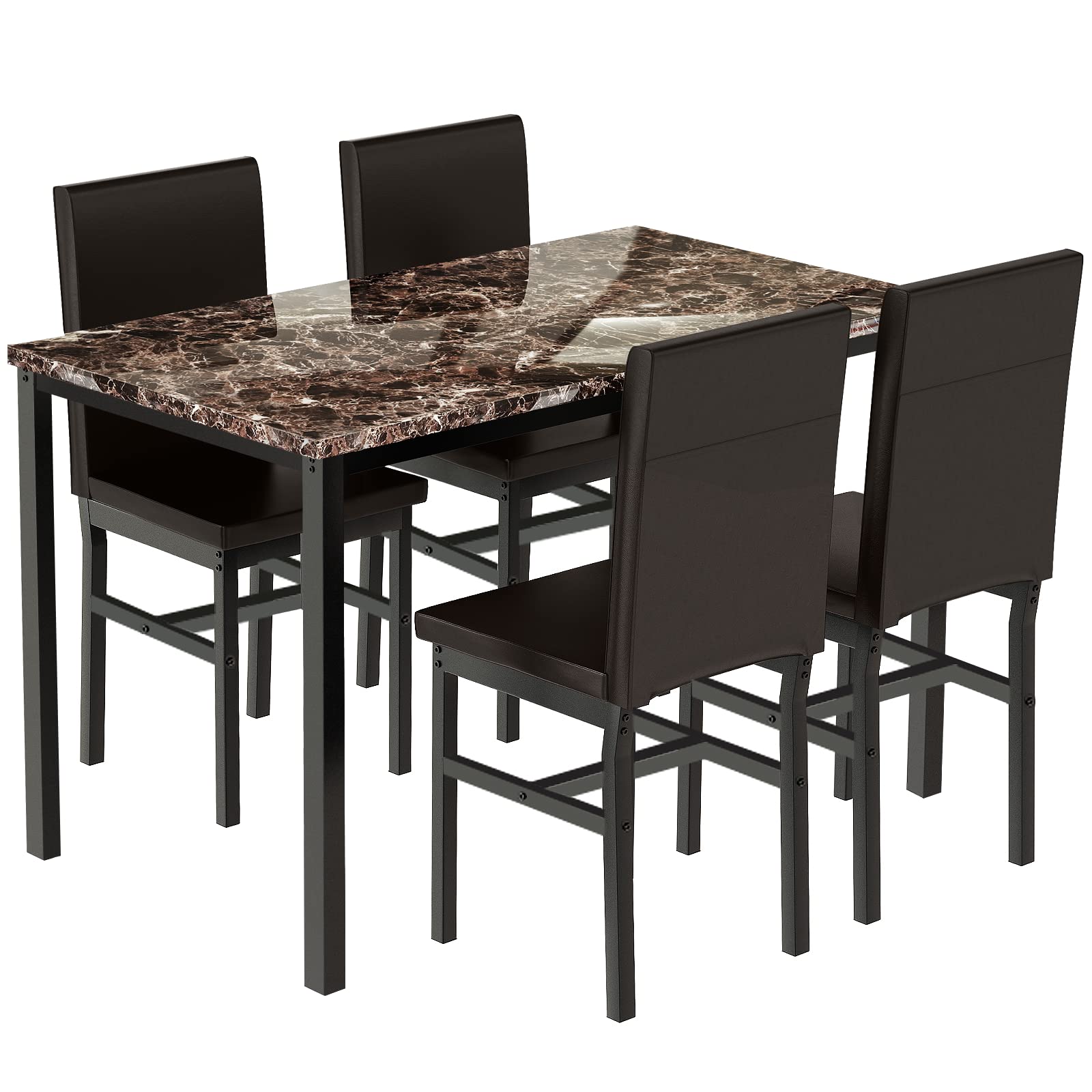 Recaceik Dining Table Set for 4, Kitchen Table and Chairs Set with Faux Marble Tabletop & 4 Leather Upholstered Chairs for Kitchen Dining Room, Compact Space, Dinette Set, Brown+Brown