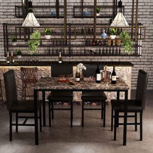 Recaceik Dining Table Set for 4, Kitchen Table and Chairs Set with Faux Marble Tabletop & 4 Leather Upholstered Chairs for Kitchen Dining Room, Compact Space, Dinette Set, Brown+Brown