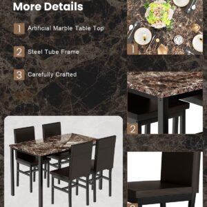 Recaceik Dining Table Set for 4, Kitchen Table and Chairs Set with Faux Marble Tabletop & 4 Leather Upholstered Chairs for Kitchen Dining Room, Compact Space, Dinette Set, Brown+Brown