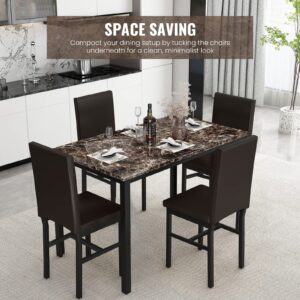 Recaceik Dining Table Set for 4, Kitchen Table and Chairs Set with Faux Marble Tabletop & 4 Leather Upholstered Chairs for Kitchen Dining Room, Compact Space, Dinette Set, Brown+Brown