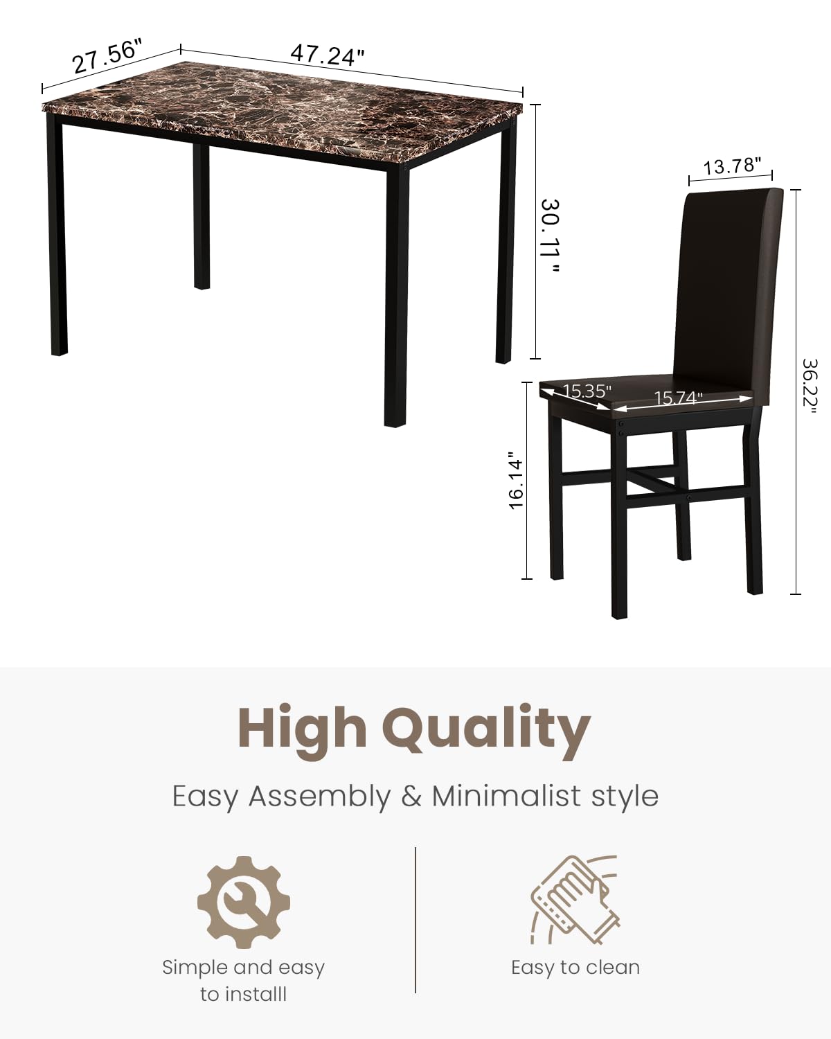 Recaceik Dining Table Set for 4, Kitchen Table and Chairs Set with Faux Marble Tabletop & 4 Leather Upholstered Chairs for Kitchen Dining Room, Compact Space, Dinette Set, Brown+Brown