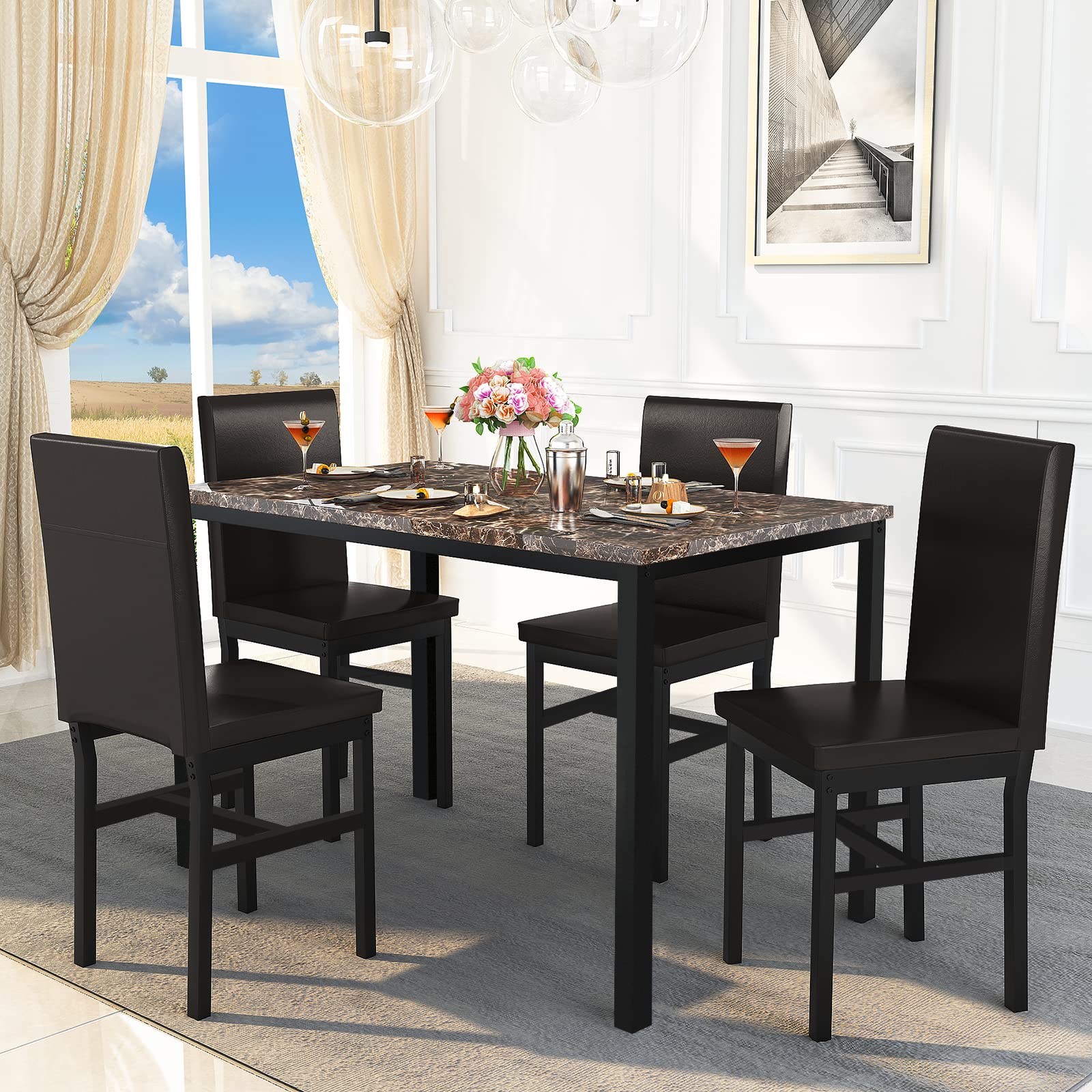 Recaceik Dining Table Set for 4, Kitchen Table and Chairs Set with Faux Marble Tabletop & 4 Leather Upholstered Chairs for Kitchen Dining Room, Compact Space, Dinette Set, Brown+Brown