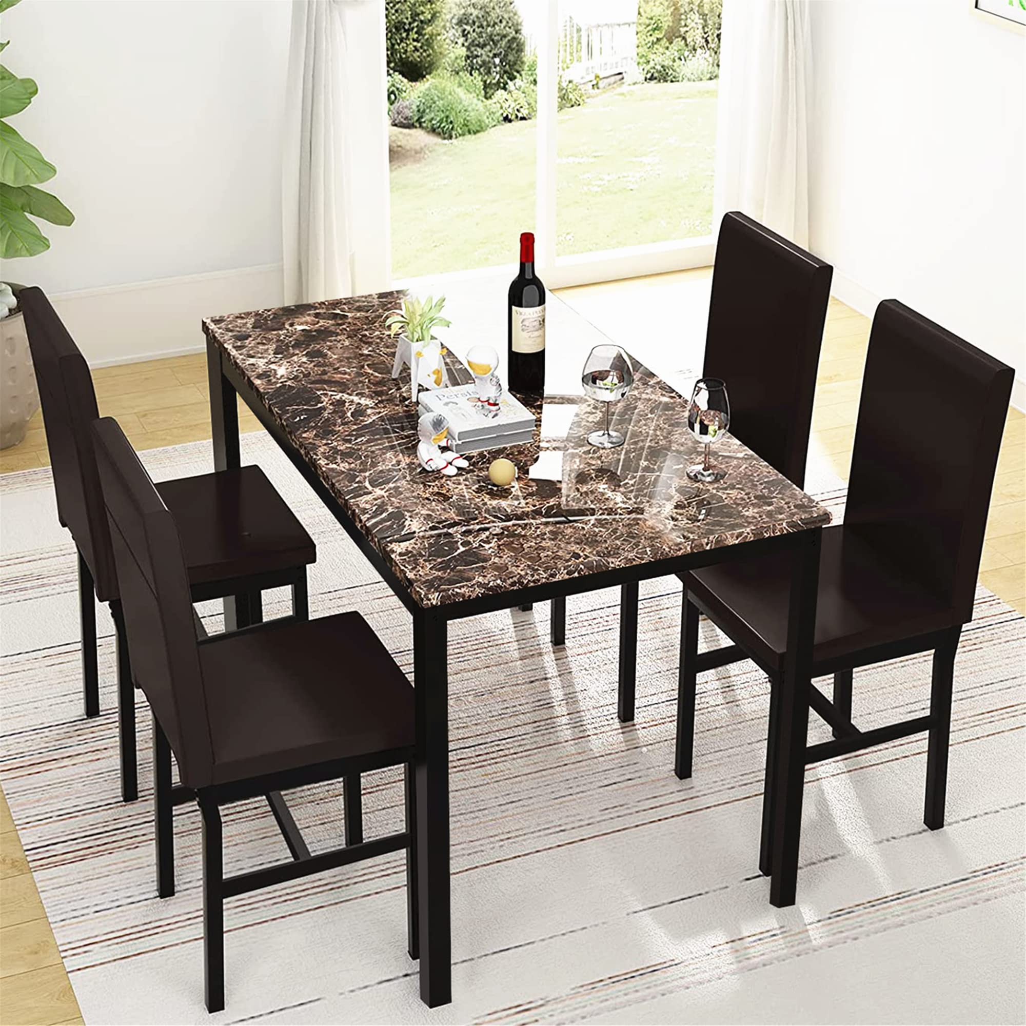 Recaceik Dining Table Set for 4, Kitchen Table and Chairs Set with Faux Marble Tabletop & 4 Leather Upholstered Chairs for Kitchen Dining Room, Compact Space, Dinette Set, Brown+Brown