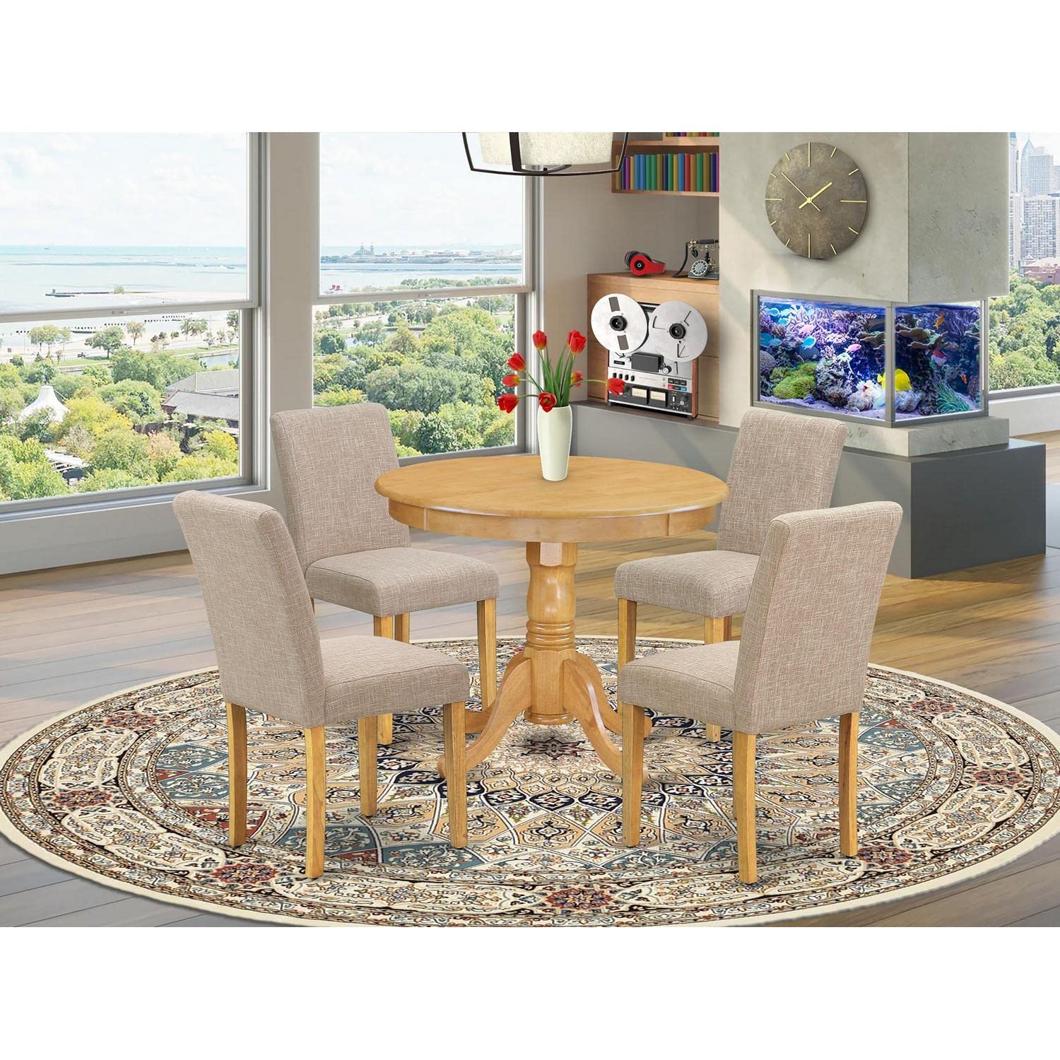 East West Furniture ANAB5-OAK-04 Antique 5 Piece Set for 4 Includes a Round Kitchen Table with Pedestal and 4 Light Tan Linen Fabric Parson Dining Chairs, 36x36 Inch