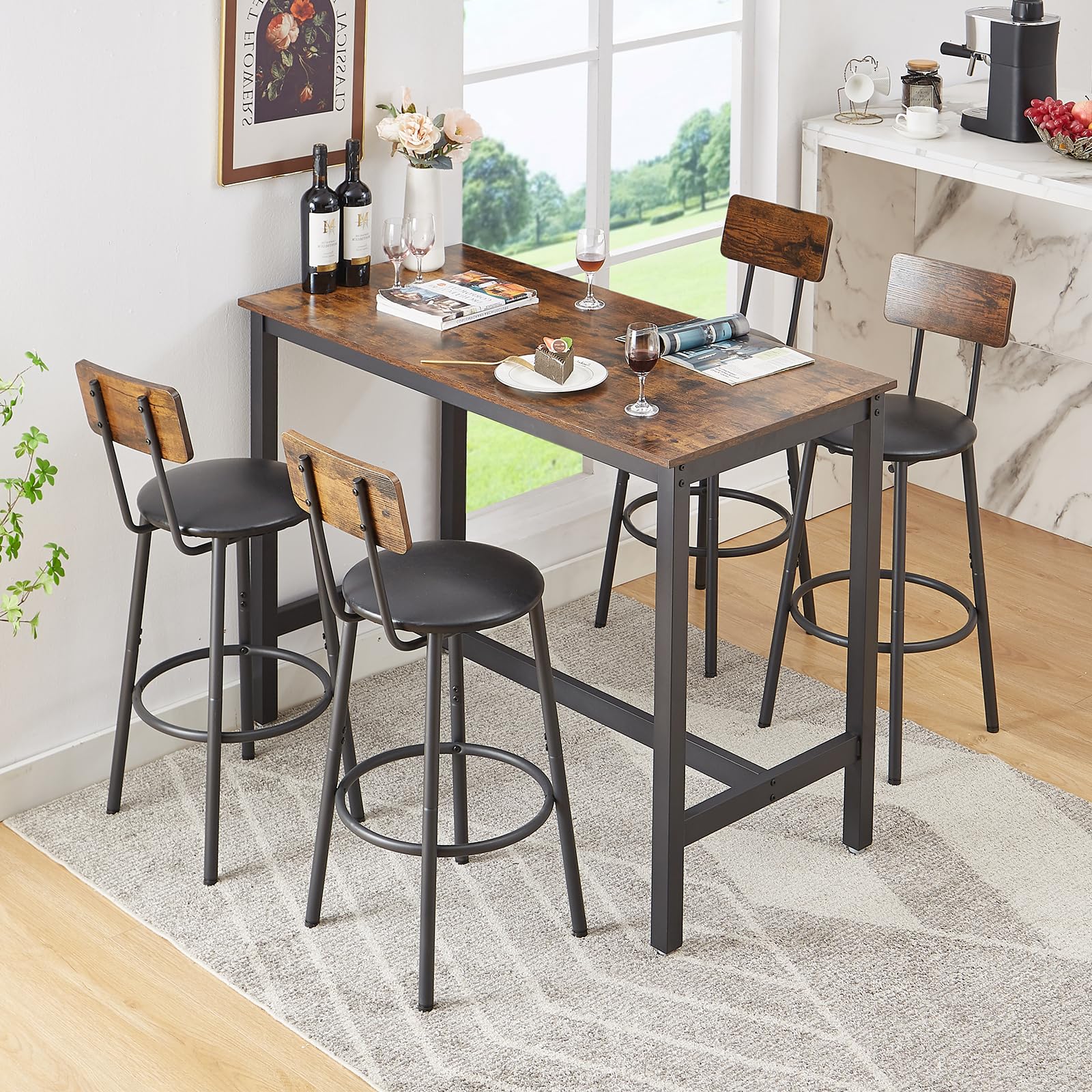 KIVENJAJA 5-Piece Bar Table Set for 4, Rustic Brown, Counter Height Dining Table Set for Kitchen Living Room Restaurant Small Space