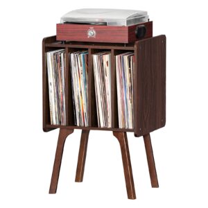 LELELINKY Record Player Stand, Walnut Vinyl Record Storage Table with 4 Cabinet Up to 100 Albums,Mid-Century Modern Turntable Stand with Wood Legs,Vinyl Holder Display Shelf for Bedroom Living Room