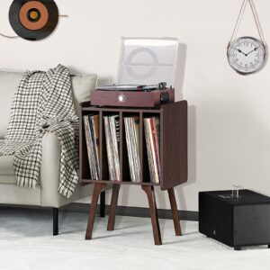 LELELINKY Record Player Stand, Walnut Vinyl Record Storage Table with 4 Cabinet Up to 100 Albums,Mid-Century Modern Turntable Stand with Wood Legs,Vinyl Holder Display Shelf for Bedroom Living Room