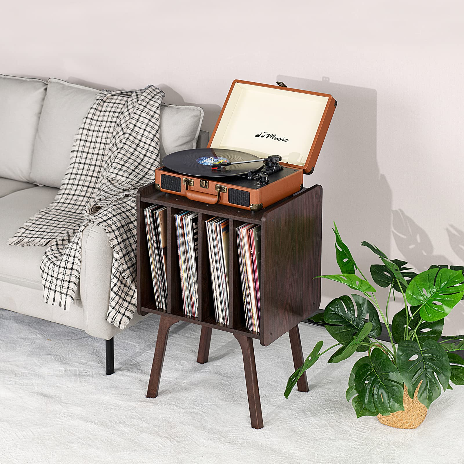 LELELINKY Record Player Stand, Walnut Vinyl Record Storage Table with 4 Cabinet Up to 100 Albums,Mid-Century Modern Turntable Stand with Wood Legs,Vinyl Holder Display Shelf for Bedroom Living Room