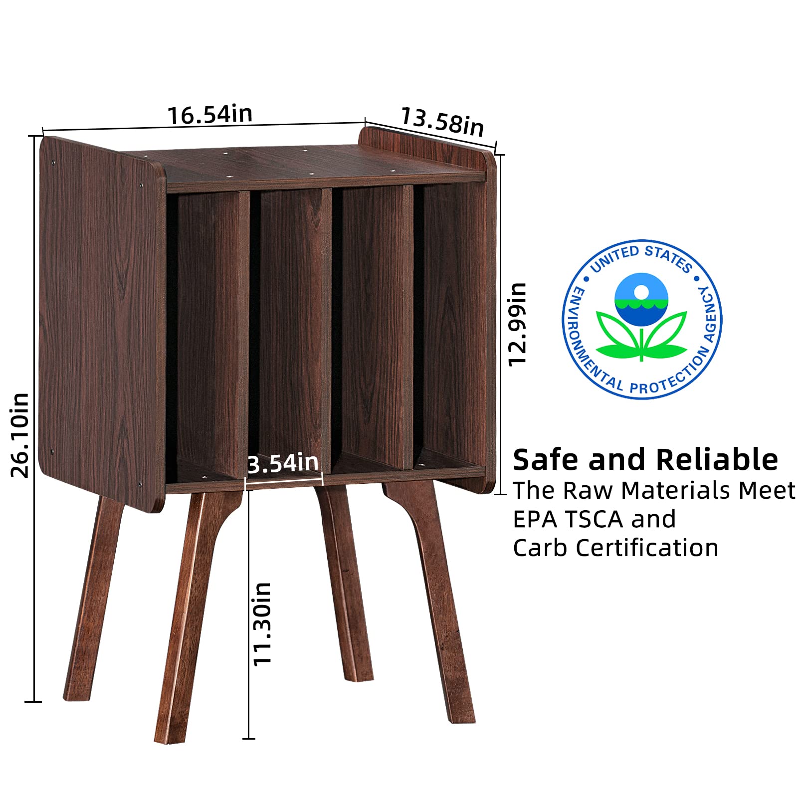 LELELINKY Record Player Stand, Walnut Vinyl Record Storage Table with 4 Cabinet Up to 100 Albums,Mid-Century Modern Turntable Stand with Wood Legs,Vinyl Holder Display Shelf for Bedroom Living Room