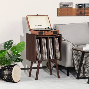 LELELINKY Record Player Stand, Walnut Vinyl Record Storage Table with 4 Cabinet Up to 100 Albums,Mid-Century Modern Turntable Stand with Wood Legs,Vinyl Holder Display Shelf for Bedroom Living Room