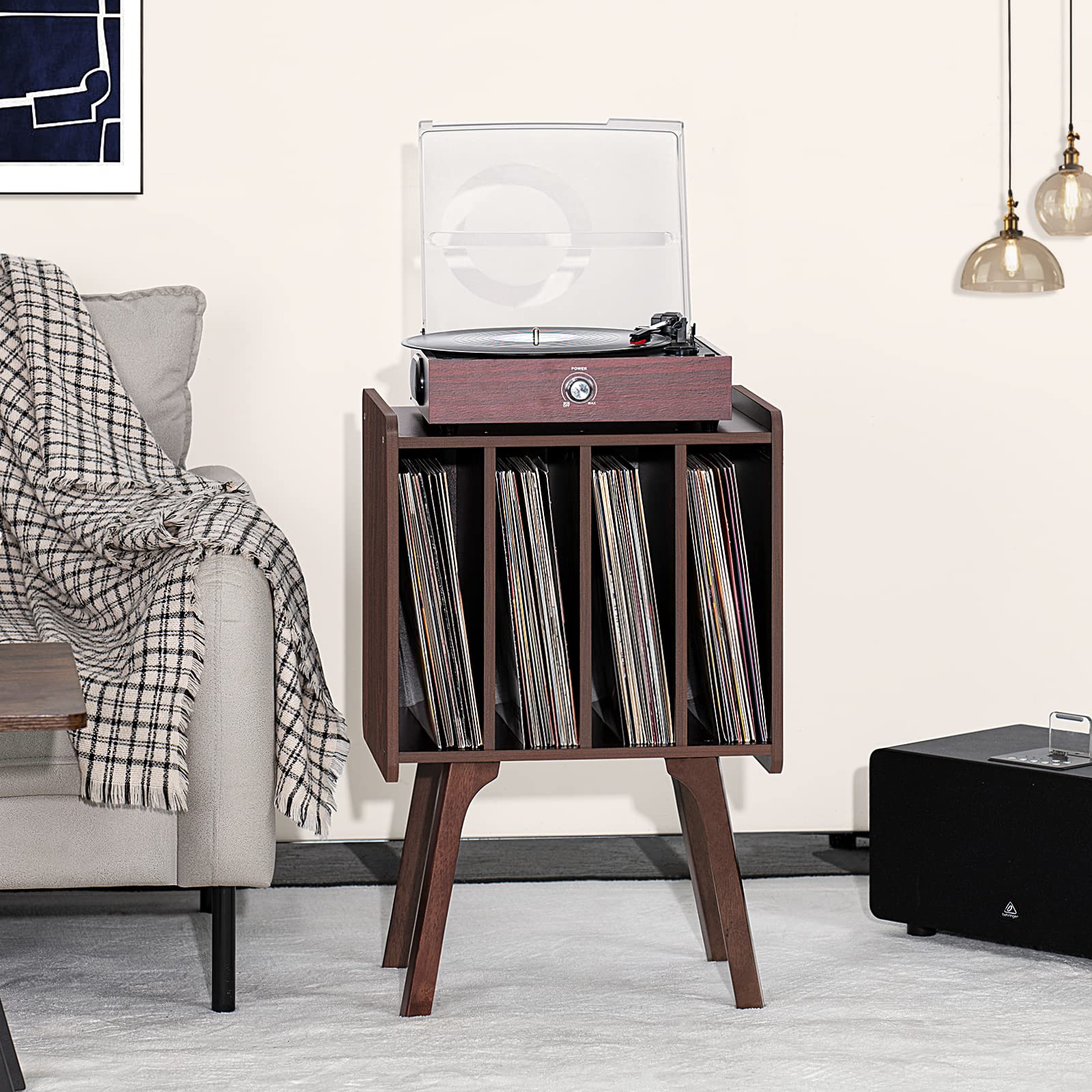 LELELINKY Record Player Stand, Walnut Vinyl Record Storage Table with 4 Cabinet Up to 100 Albums,Mid-Century Modern Turntable Stand with Wood Legs,Vinyl Holder Display Shelf for Bedroom Living Room