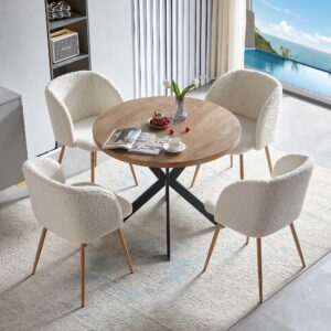 Homedot 5 Pieces Dining Table Set for 4, Home Kitchen Round Dining Table with Thick Tabletop and 4 Upholstered Arm Chairs, Faux Wood Round Table with Comfy Accent Chair for Living Room,Restaurant