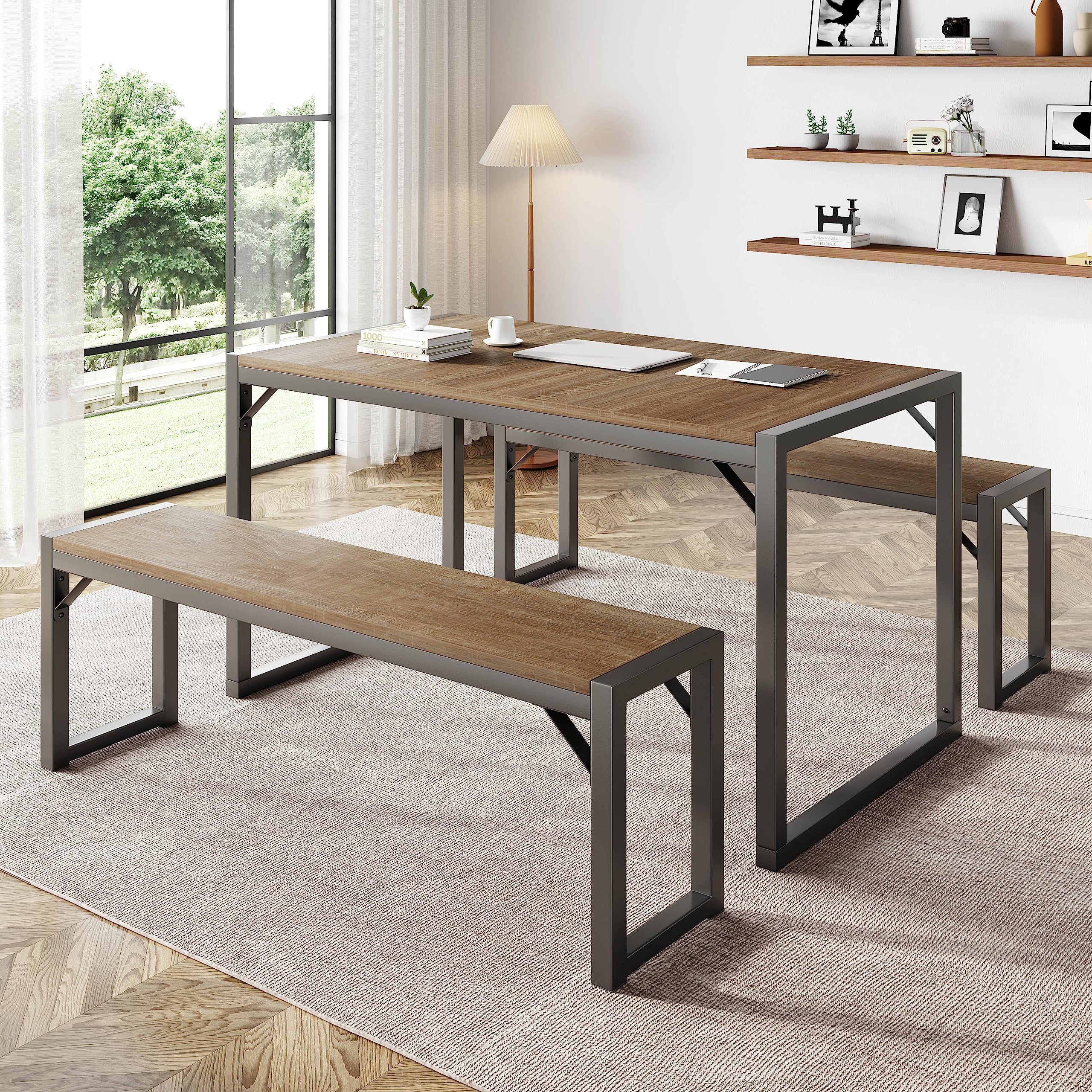 IMUsee 3PC 47.2" Dining Table Set for 4-6, Heavy Duty Kitchen Table with Benches, Kitchen & Dining Room Table Set, Space-Saving Dinette, Grey & Light Brown