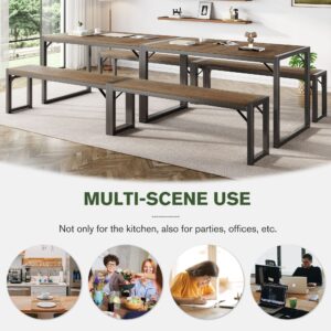 IMUsee 3PC 47.2" Dining Table Set for 4-6, Heavy Duty Kitchen Table with Benches, Kitchen & Dining Room Table Set, Space-Saving Dinette, Grey & Light Brown